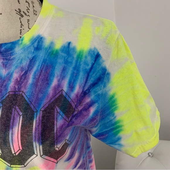 ACDC Band Tie Dye Graphic Crew Neck Unisex Tee Shirt Pink Blue Yellow Small - Picture 4 of 8